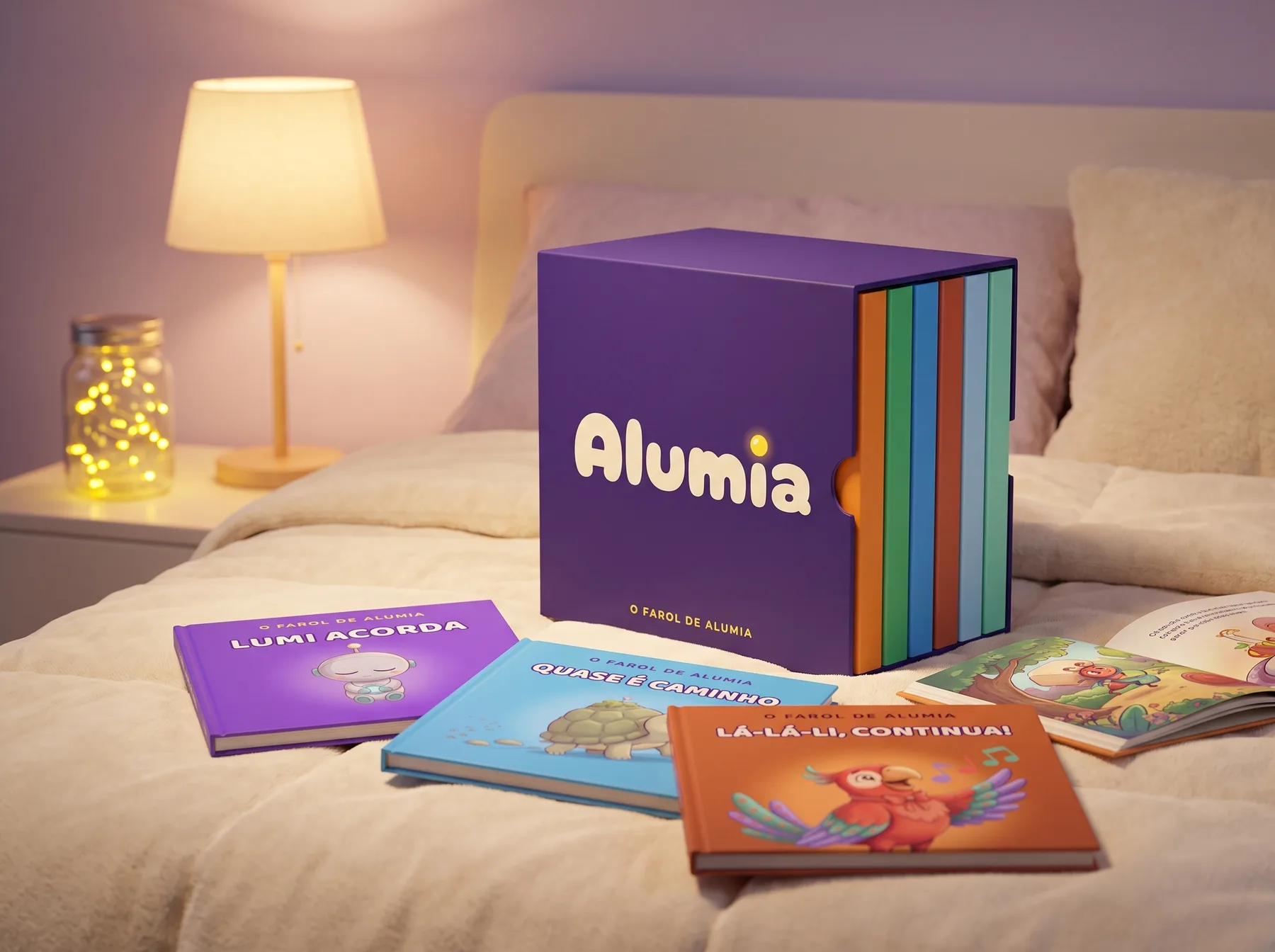 O box de Alumia na cama, ao lado do abajur, com três livros espalhados e um aberto